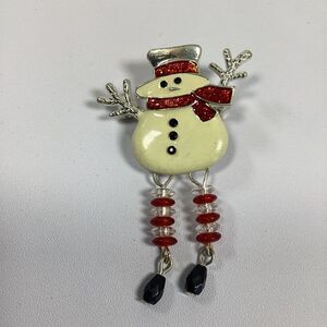 Snowman Dangling Bead Legs Brooch Pin Silver Tone Red White Enamel 2.5"